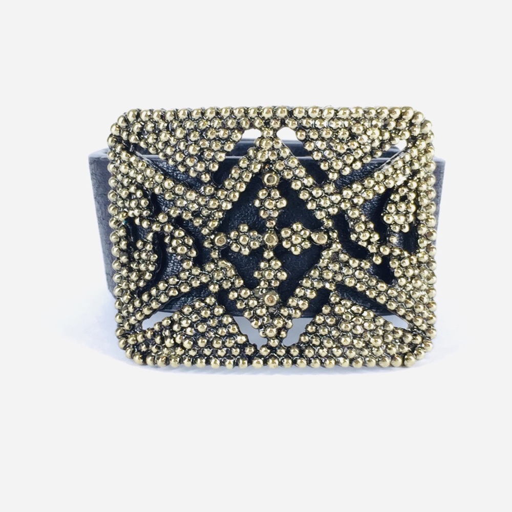 Black Faux Leather Bracelet Antiqued Gold Buckle - Picture 2 of 7